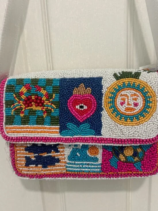 India Beaded Bag Evil Eye Crab Turtle  Summer Beach Towel Umbrella NWT - Picture 6 of 6